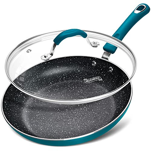 MICHELANGELO Non Stick Frying Pan 26cm, Granite Nonstick Frying Pan with Lid, 26cm Enameled Frying Pan with 100% APEO & PFOA-Free Stone-Derived Coating, Blue