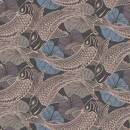Papier peint motif japonais bleu & marron | Tapisserie originale japonaise poisson pour salon | Papier peint animaux couloir
