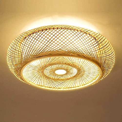 Lampe À Suspension Rétro Bambou Plafonnier E27 Suspension En Rotin Naturel Abat-Jour Tissé Vintage Lustre En Bois Pour Salle À Manger Chambre Restaurant Salon De Thé Café Éclairage Plafond,A,40cm