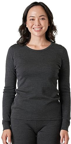 LAPASA Damen 100% Merinowolle Thermo Unterhemd, Premium Merino Wolle Thermounterwäsche, warmes Rundhals Langarmshirt Langarmpullover (L48), Dunkelgrau meliert, S