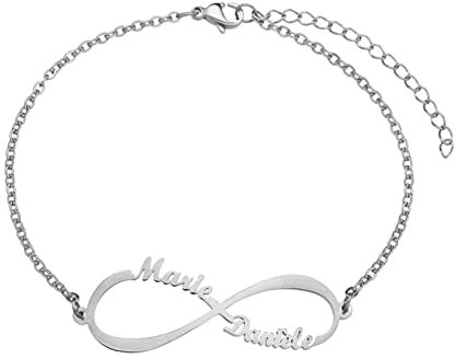 JewelryWe Schmuck Namensarmband Damen Edelstahl Personalisierte Armband Infinity Unendlichkeit Zeichen Armkette Fußkettchen mit 2 Namen Geschenk für Frauen Freundin Mutter Schwester (Silber)