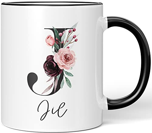 JUNIWORDS Tasse, Jil, Name Anfangsbuchstabe Initial Alphabet Floral Buchstabe J Monogramm Motiv, Schwarz (5577047)