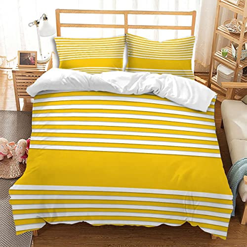 huitutu Gelb gestreifte Bettwäsche Set 220x240cm Weiß gestreift gelb Gemustert Mikrofaser pflegeleichter Bettbezug Junge Mädchen gelbes Bettzeug und 2 Kissenbezüge 80x80cm