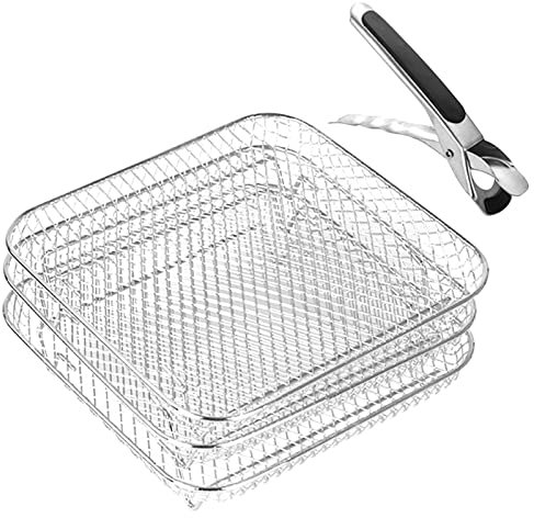 Povanjer Heißluftfritteuse DREI stapelbare Gestelle | Quadratisches Airfryer-Korb-Tablett aus Edelstahl | Küchenbackregal, stapelbarer Grill, Luftfritteuse, universelles Zubehör