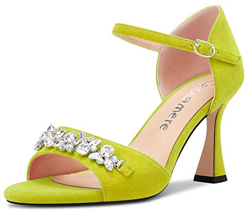 Castamere Donna Medio Tacco Heel Aperte sulla Punta Cinturino alla Caviglia Diamante Cristallo Sandali da Matrimonio Ballo 8.5 CM Heels Verde Lime Scamosciato 36 EU