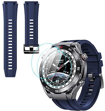 GIOPUEY Cinturini Compatibile con Huawei Watch Ultimate, [2 in 1] TPU Silicone Cinturino + 3 Pezzi Pellicola Protettiva, [Resistente All'usura] [Traspirante] - Blu scuro
