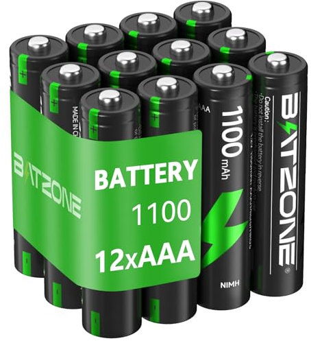 BATZONE Rechargeable AAA Batteries 12 Piece, 1200 Tech Mignon AAA Batteries, Ni-MH 1100mAh AAA Battery, Low Self-Discharge 1.2V AAA Battery, with 2 x Battery Protection Boxes