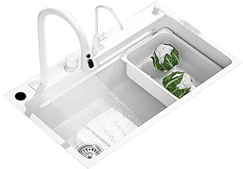 Fregadero de Cocina Blanco, Fregadero de Cascada de Lluvia voladora con rociador desplegable, fregaderos de Cocina de un Solo tazón, Fregadero de estación de Trabajo de Acero Inoxidable con
