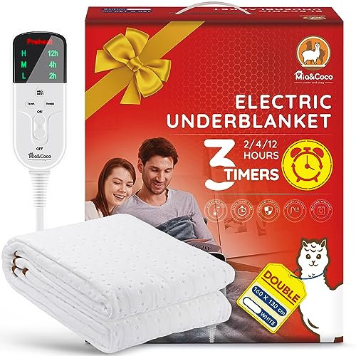 Mia&Coco Couverture Chauffante Électrique Double, sous-Couverture Chauffante avec Minuteries De 12 Heures Et 3 Réglages De Chaleur, Affichage LED, Machine Lavable (160 X 130 cm)