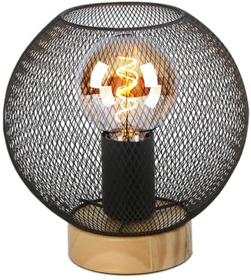 Globo Tischlampe Tischleuchte Nachttischlampe Vintage Holzleuchte Industrial Design Holz braun Metall schwarz, Gitteroptik, 1x E27 Fassung, DxH 20x20 cm