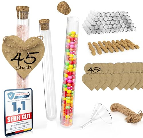 45x Reagenzgläser mit Korken für Blumen - Gastgeschenk Hochzeit 15cm Reagenzglas zum Befüllen von Badesalz, Gewürzen, Süßigkeiten mit Hanfseil – Kraftpapieranhänger -Trichter für Deko (45)