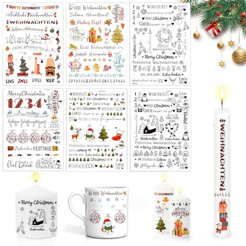 Vibbang 6Stück Kerzentattoos Weihnachten, DIY Wasserschiebefolie Kerzen (Verschiedene Muster), Kerzenaufkleber Weihnachtskerze, Kerzensprüche, Weihnachten Kerzendekoration Geeignet Ostern, Advent