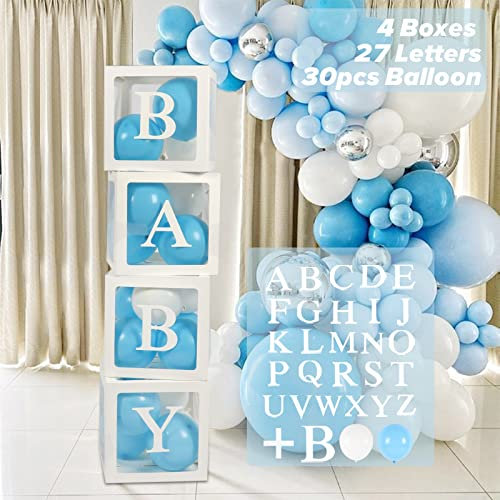 Baby Shower Deko Junge, Baby Ballon Box mit Blau Weiß Luftballons, 4Pcs Baby Boxen mit 27 Buchstaben, für Babyparty Deko Junge, Baby Shower, Geburtstag Deko
