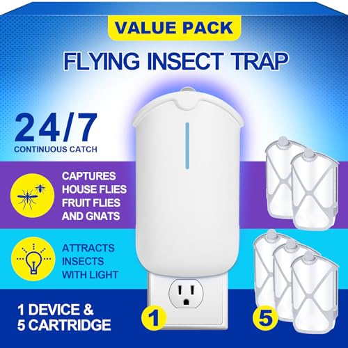 INRAGEO Flying Insect Trap & 5 Cartridges - Attracts and Traps Flying Insects Fruit Flies Mosquitoes - Compatible with M364A Refill (1 Plug-in Base + 5 Cartridges)