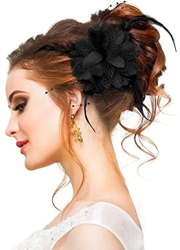 Wincredulous Floral Corsage Hair Brooch, Feather Fascinator Hair Band for Bridal Bridesmaid Girls, Rose Flower Hair Clip for Women, Vintage Rose Hair Accessories for Birthday,Wedding (Black)