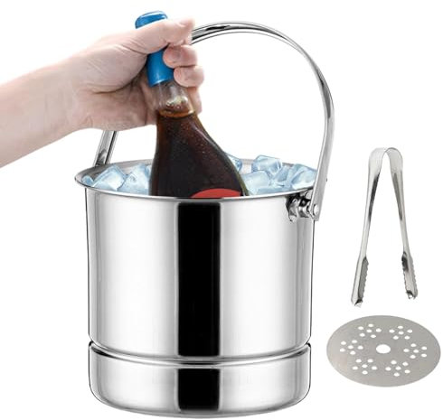 Ice Bucket, 1 L Stainless Steel Ice Bucket Kit with Tong, Beer Bucket Drinks Bucket, Handle and Strainer, Ice Buckets for Parties, for Home Bar, Restaurant, BBQ, Parties, Clubs
