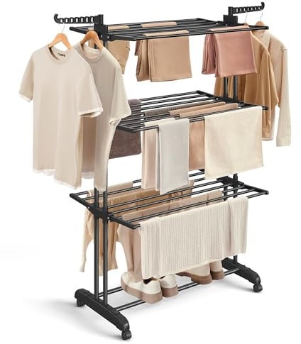 SONGMICS Wäscheständer, Standtrockner 4 Ebenen, Flügelwäscheständer, klappbare Flügel, mit Rollen, 63,5 x 128 x 173 cm, groß, einfacher Aufbau, für Innen- und Außenbereich, tintenschwarz LLR701B01