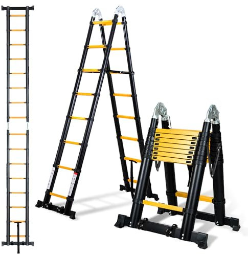 Izrielar Alu Teleskopleiter 5M Teleskop Klappleiter, Multifunktionsleiter, Rutschfester Klappbar Leiter, 150 kg Belastbarkeit, Aluminiumleiter für Garten Innen, Schwarz-Gelb