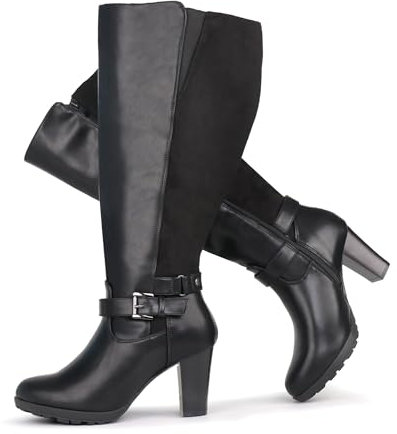 Chicblooms Damen-Stiefel in Übergröße, extra weiter Schaft, hoher Absatz, mit Knöchelschnalle, schwarzes Wildleder, EU 41