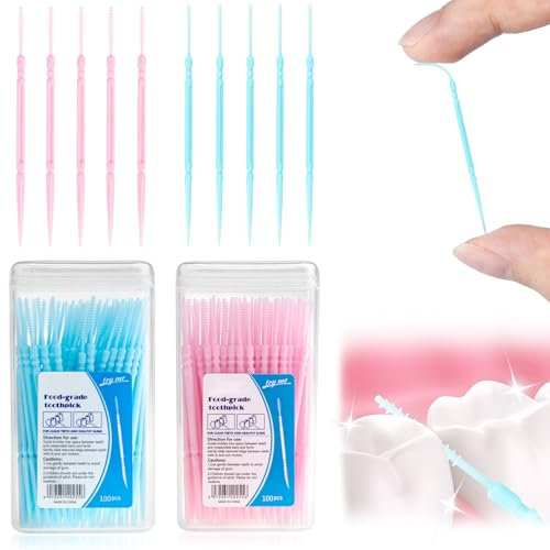 WOHSEROM 200 Pcs Dual-Use Interdental Brushes, Dental Brushes Tooth Floss Brush 2 Box Floss Sticks Dental Brushes Teeth Cleaning Tools for Braces Oral Cleaning (Pink+Blue)