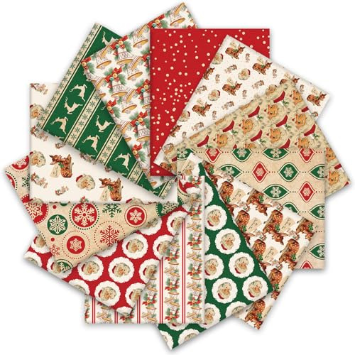 JarThenaAMCS 12 x Weihnachts-Baumwollstoffbündel, 45,7 x 55,9 cm, Vintage-Stil, Weihnachtsmann, Elch, Schneeflocke, Fat Quarter, rot, grün, Urlaub, Nähstoffe für Weihnachten, Winter, DIY, Handwerk,