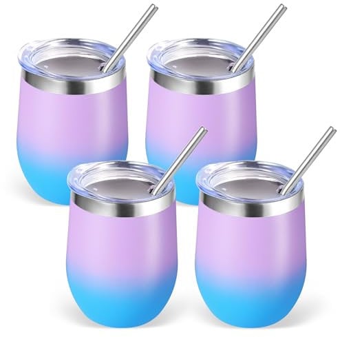 Volhoply 12oz Stainless Steel Wine Tumbler with Lid Bulk 4 Pack,350ml Double Wall Vacuum Stemless Wine Glasses,Metal Travel Coffee Mug with Straw,Insulated Cup Gifts for Christmas(Lavender,4 Set)