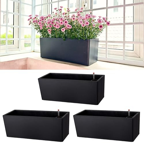 LaLaGreen Pflanzkasten für Zimmerpflanzen (3 Stück, 35,6 cm), schwarz, rechteckig, selbstbewässernder Blumentopf, Fensterkästen, Pflanzgefäße mit Drainage, dekorativ, modern, Balkon, Fensterbank,