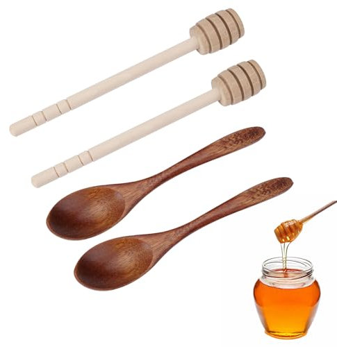 4 Piezas Cuchara Miel Cucharas de Madera, Cuchara Miel Madera de 15cm, Cuchara para Miel Palillo de Miel para Recoger Líquidos Pegajosos como Miel, Sirope, Leche Condensada, Mermelada y Mucho Más