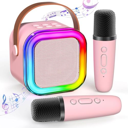 Karaoke Maschine Kinder, Mini Karaoke Maschine mit 2 Bluetooth Mikrofon, Tragbarer Bluetooth-Lautsprecher mit Stimmeffekten & LED-Lichtern Geschenke Spielzeug 3-12 Jahre für Mädchen und Jungen (Rosa)
