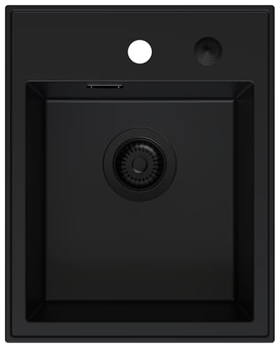 Spülbecken Alles Schwarz 40x50 cm - Kleines Spülbecken für Unterschränke ab 40 cm Breite - Granitspüle mit Siphon PUSH Schwarz und Imprägnierung - Spüle ohne Abtropffläche - SINK QUALITY