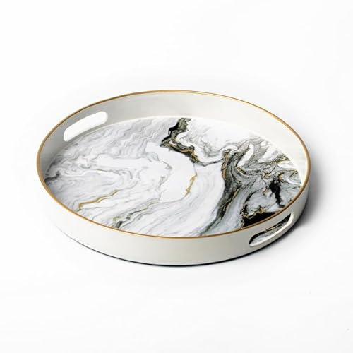 Heaven4you Round Black and White Marble Pattern Serving or Dining Tray – Elegant Glossy Decorative Tray with Gold Trim for Coffee Table, Kitchen Counter, Vanity or Modern Home Décor (White Marble)