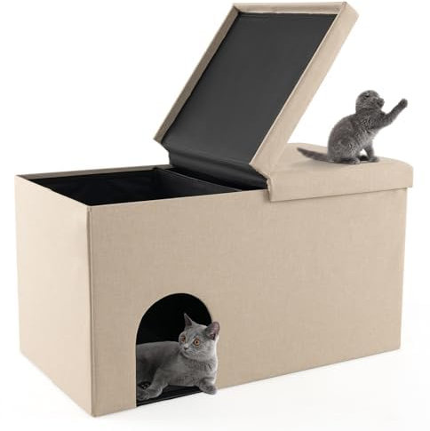 FANTASK Katzenhöhle faltbar, 2 in 1 Katzenhaus Sitzbank, Katzenversteck für Katzentoilette Katzenklo, Indoor Katzenmöbel mit Deckel & Matte & Trennwand & Geruchsfilter, 90x50x50cm (Beige)