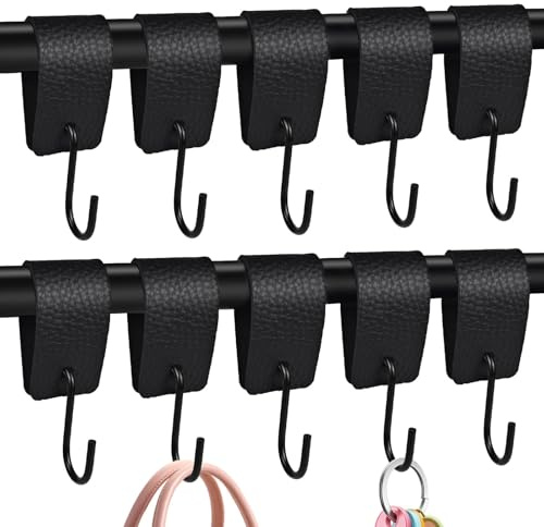 YUUTIAL S Haken mit Lederschlaufe 10Stk, Kleiderstange Fensterhaken Schwarz | Für Küche,Schrankaufhängung,Bad,Schlafzimmer & Wohnzimmer,Fensterhaken,Garderobenhaken,Hosenhaken,zum Einhängen