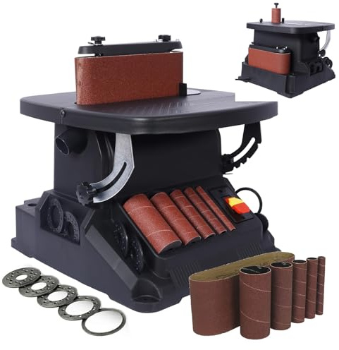 2 in 1 Combination Wood Sander with Vertical Oscillating Spindle & Belt Sanding, Woodworking Bobbin Sander with 5 Sanding Sleeves, 45° Tilting Table, for Curves Contours Workpieces