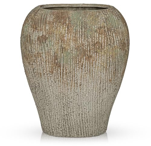 Flache Keramikvase Modern – Schmale Ribbed Vase für Pampasgras & Kunstblumen, Dekovase Keramik für Tisch, Regal & Sideboard, Boho Blumenvasen Wohndeko, Rustikal - 32 cm Hohe