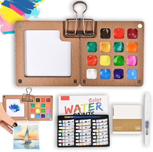 FREEORR Mini palette de peinture aquarelle, 15 grilles et 24 couleurs, kit de palette d'aquarelle portable de voyage avec livre de peinture, stylo, clips, poche, couleur acrylique cadeau pour