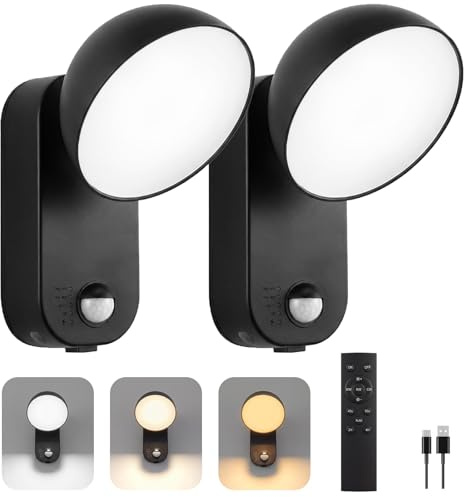 NIORSUN Lampada Esterna con Sensore di Movimento – Batteria 10000mAh Ricaricabile, 4 Modalità & Regolabile, IP65 Impermeabile, Faretto LED da Esterno per Veranda, Garage, Parete, Giardino(2 pezzo)