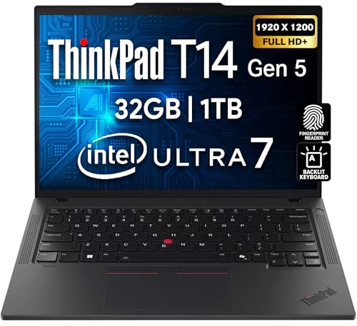 Lenovo ThinkPad T14 Gen 5 AI Business Laptop, 14 FHD+ Display, Intel Ultra 7 155U, 32GB DDR5 RAM, 1TB SSD PCIe, Fingerprint, Backlit Keyboard, WiFi 6E + BT, RJ-45, HD Webcam, Win 11 Pro - Black