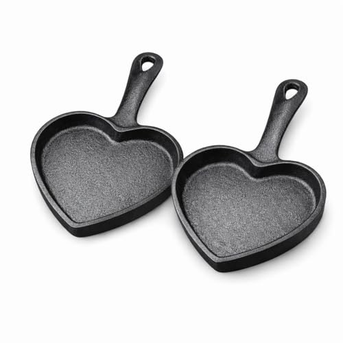 TYNUOCN 2 Pack Heart Shaped Cast Iron Skillet, 5 Inch Mini Cast Iron Skillets with Long Handle, Small Iron Skillet & Cast Iron Pan for Eggs, Cookies & Baking, Valentine’s Gift Set