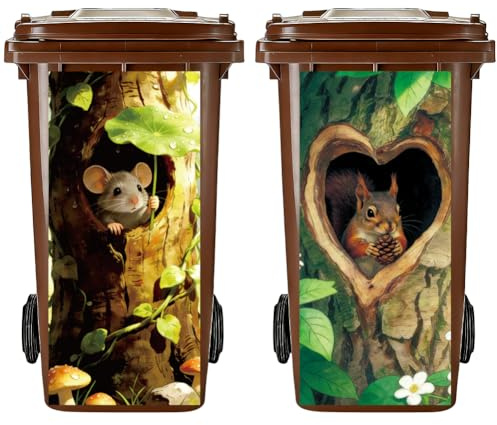 PRESSINART 2Pcs 2 Styles Wheelie Bin Stickers 15 x 32 Inch Waterproof Self Adhesive Vinyl Dustbin Labels, Funny Trash Garbage Can Stickers Squirrel Mouse Pattern for Garden Outdoor Indoor Home Decor
