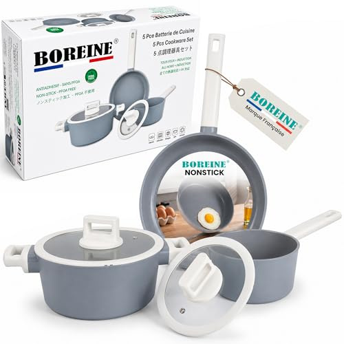 BOREINE Batterie de Cuisine 5 Pcs - Lot Poele Induction et Casserole, Saine | Set de poêles et casseroles | Tous Feux + Induction | Revêtement antiadhésif sans PFOA | Facile à nettoyer