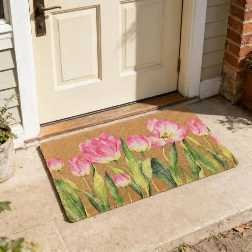 KoolYouth Small Door Mat Indoor Outdoor Entrance, 40x60 cm Faux Coir Outside Door Mats for Front Door, Decorative Flower Doormat Inside, Non Slip Welcome Mat for Door Decor, Pink Tulip
