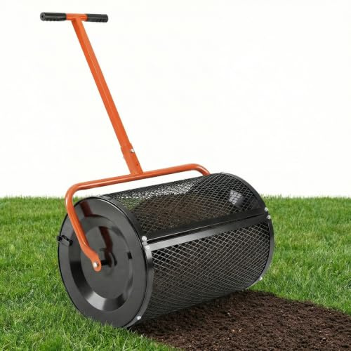 HOMASIS Spandiconcime a Rullo, Rullo da Giardino con Rete Metallica e Manico Regolabile in Altezza, Spanditore per Compost con Chiusure Laterali e Perno a Apertura a B per Cortile e Prato (Arancione)
