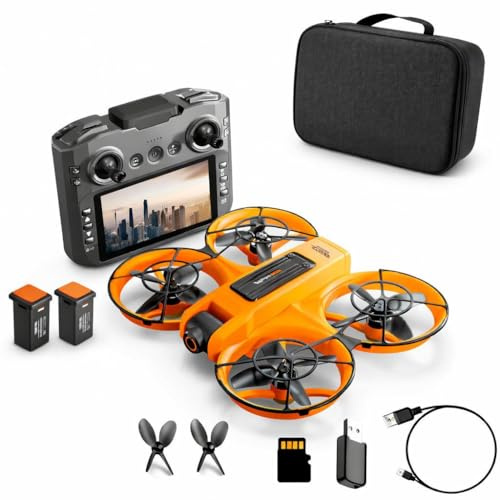 Drohne mit Kamera & Display Fernbedienung, Brushless Motor, Dual Kamera 90° verstellbar, FPV Live-Übertragung, Optical Flow, 360° Flip, LED, Anfänger & Kinder geeignet (Orange, Akkus: 2 St.)