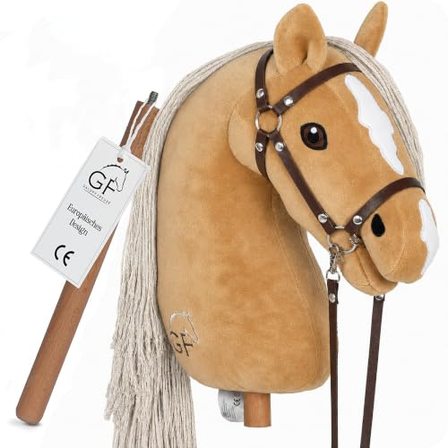 GaloppFreude® Hobby Horse Pferde Beige – Großes A3 Steckenpferd mit Schraubstab & Trense – Hobby Horsing Pferd zum Reiten für Kinder & Stockpferd mit Langer Mähne – Inkl. Horse Zubehör (Beige)