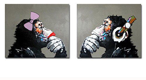 Fokenzary handgemaltes Ölgemälde auf Leinwand Pop Art Gorilla-Pärchen beim Musikhören Wanddekoration gerahmt fertig zum Aufhängen canvas 24x32inx2pcs