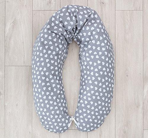 LOOLAY® Bezug für Stillkissen XXL Baby Lagerungskissen Seitenschläferkissen 170cm Muster: Herzchen grau