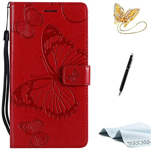 TOUCASA Huawei P10 Handyhülle,Huawei P10 Hülle, Brieftasche Flip PU Leder ledercase Magnet Leder Hülle 3D Schmetterling für Huawei P10-(Rot)