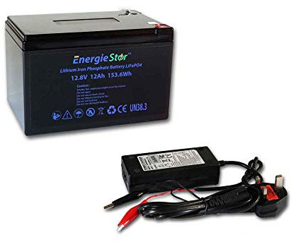 LOWENERGIE 12Ah, 154Wh LiFePo4 Battery 12.8V Lithium-Ion Iron Phosphate 12V Leisure Solar Caravan (Battery plus charger)