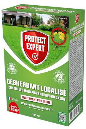 PROTECT EXPERT Désherbant Concentré Localisé Contre Les Mauvaises Herbes Du Gazon - 225ml - Soit 100 m² - Non Sélectif - Bidon Doseur DG200